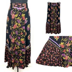 Vintage 80s 90s Maxi Skirt Floral Ruffle Elastic Waist Prairie Cottage Chic